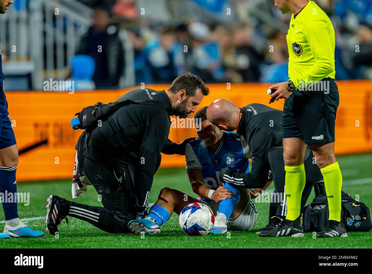 Charlotte, North Carolina, USA. 25th Feb, 2023. Charlotte FC Defender JOSEPH MORA (CRC) is injured during the match against the New England Revolution at the Bank of America Stadium in Charlotte, North Carolina, USA. The Revolution wins the match, 1-0. (Credit Image: © Walter G. Arce Sr./ZUMA Press Wire) EDITORIAL USAGE ONLY! Not for Commercial USAGE! Stock Photo
