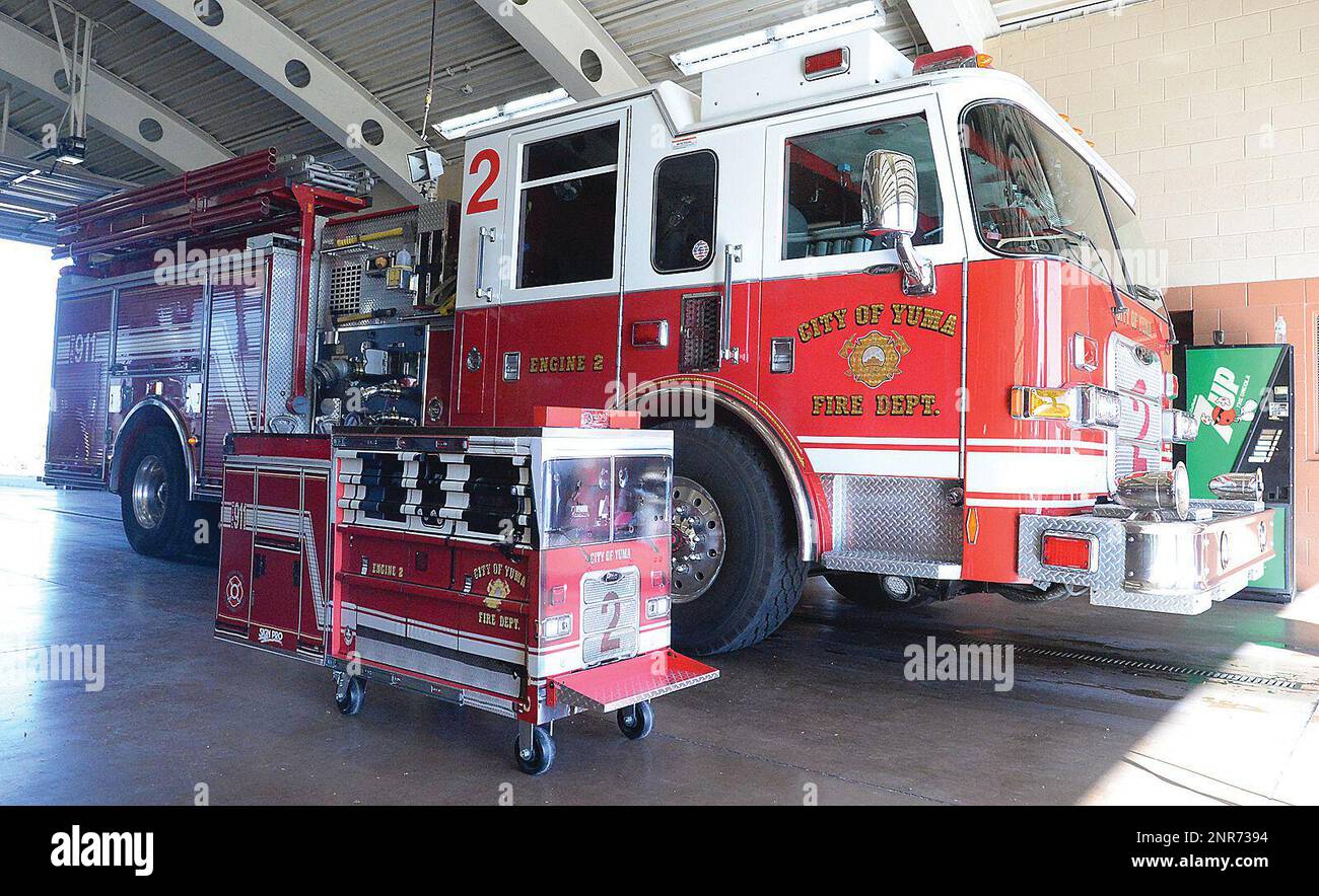 One of Yuma Fire Department Capt. Paul Evancho's YFD Engine No. 2 toy box replicas sits parked