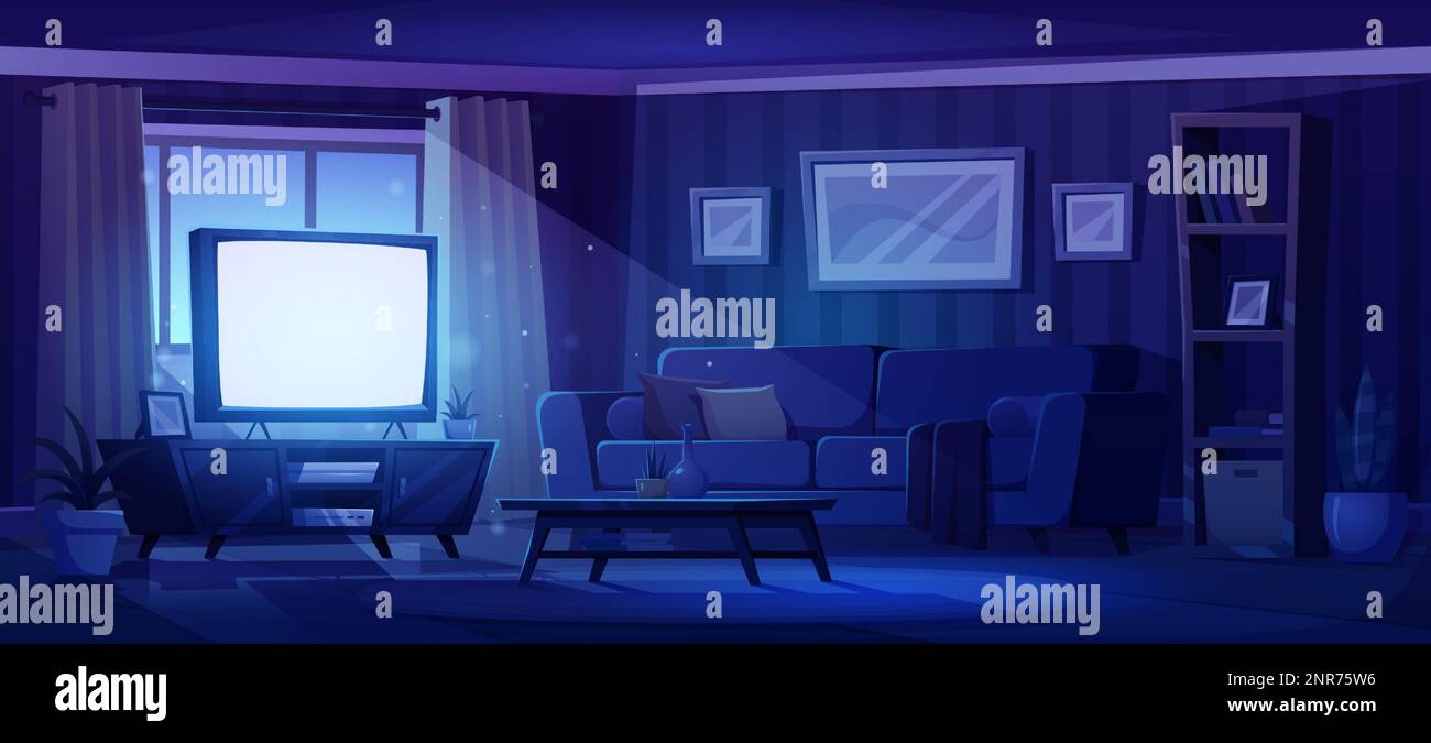 Dark living room interior with tv at night. Empty home or apartment