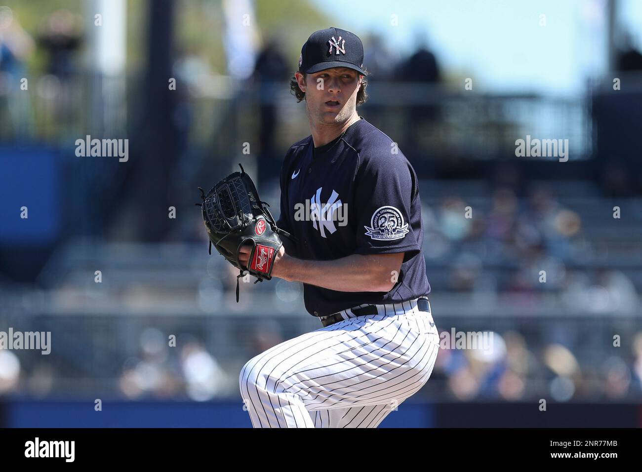 TAMPA, FL - FEBRUARY 29: New York Yankees starting pitcher Gerrit Cole (45)  delivers a pitch during the MLB Spring Training game between the Detroit  Tigers and New York Yankees on February
