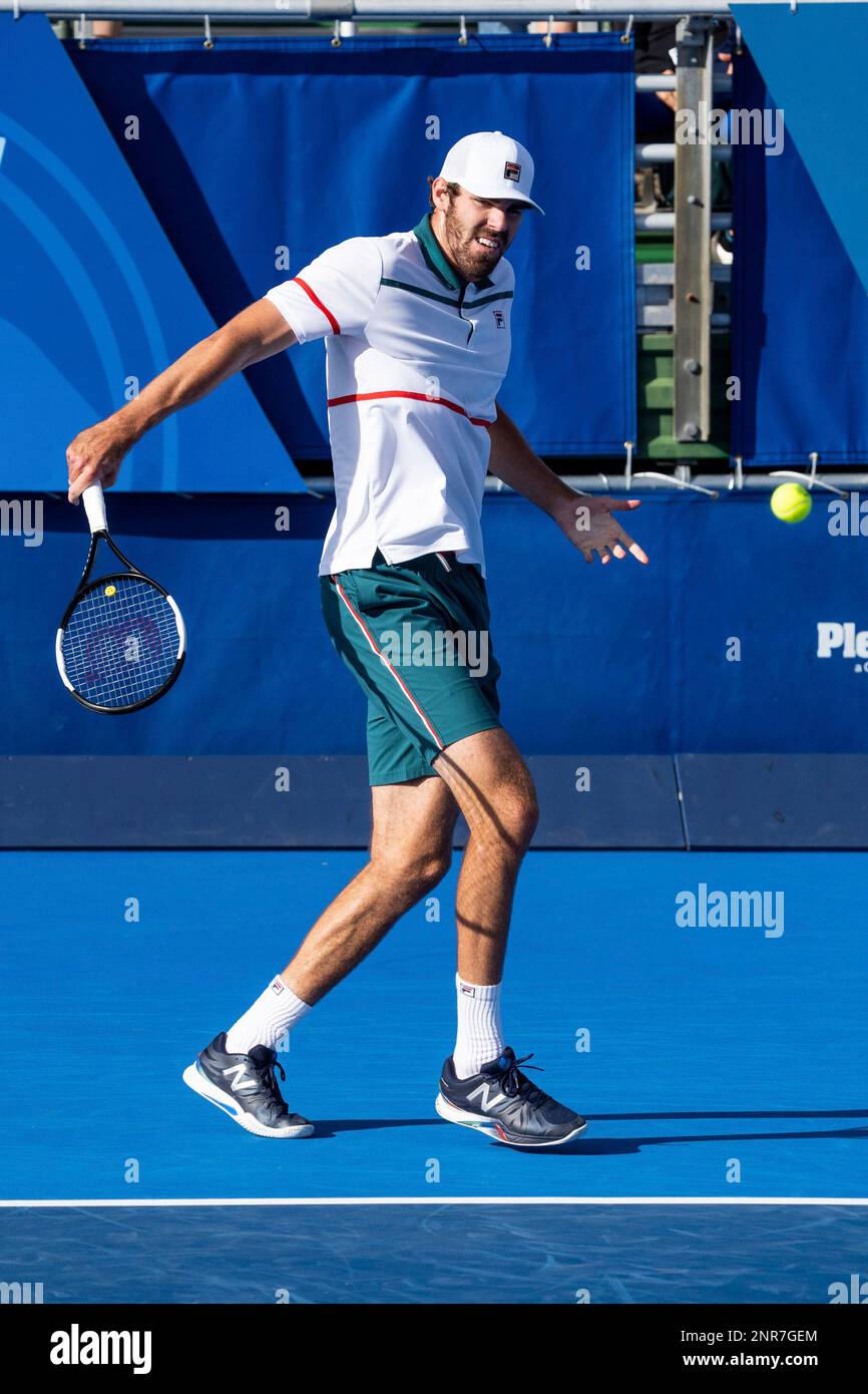 DELRAY BEACH, FL - FEBRUARY 23: Reilly Opelka (USA) during the Finals of  the ATP Delray Beach Open on February 23, 2020, at the Delray Beach Stadium  & Tennis Center in Delray