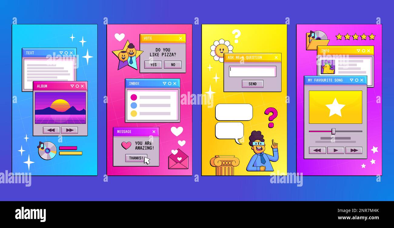 Retro story design template with computer message window cartoon vector illustration set. Vintage 90s vertical media post with daisy flower. Funky vaporwave ig ask me question layout with gradient. Stock Vector