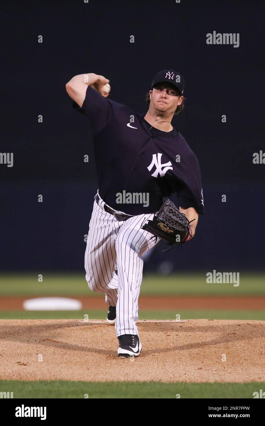 TAMPA, FL - FEBRUARY 29: New York Yankees starting pitcher Gerrit Cole (45)  delivers a pitch during the MLB Spring Training game between the Detroit  Tigers and New York Yankees on February