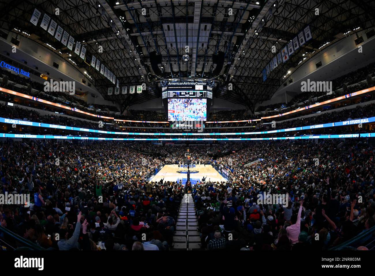 American Airlines Center is seen in a general mid court view from the upper  level during game action of an NBA basketball game between the Boston  Celtics and the Dallas Mavericks on