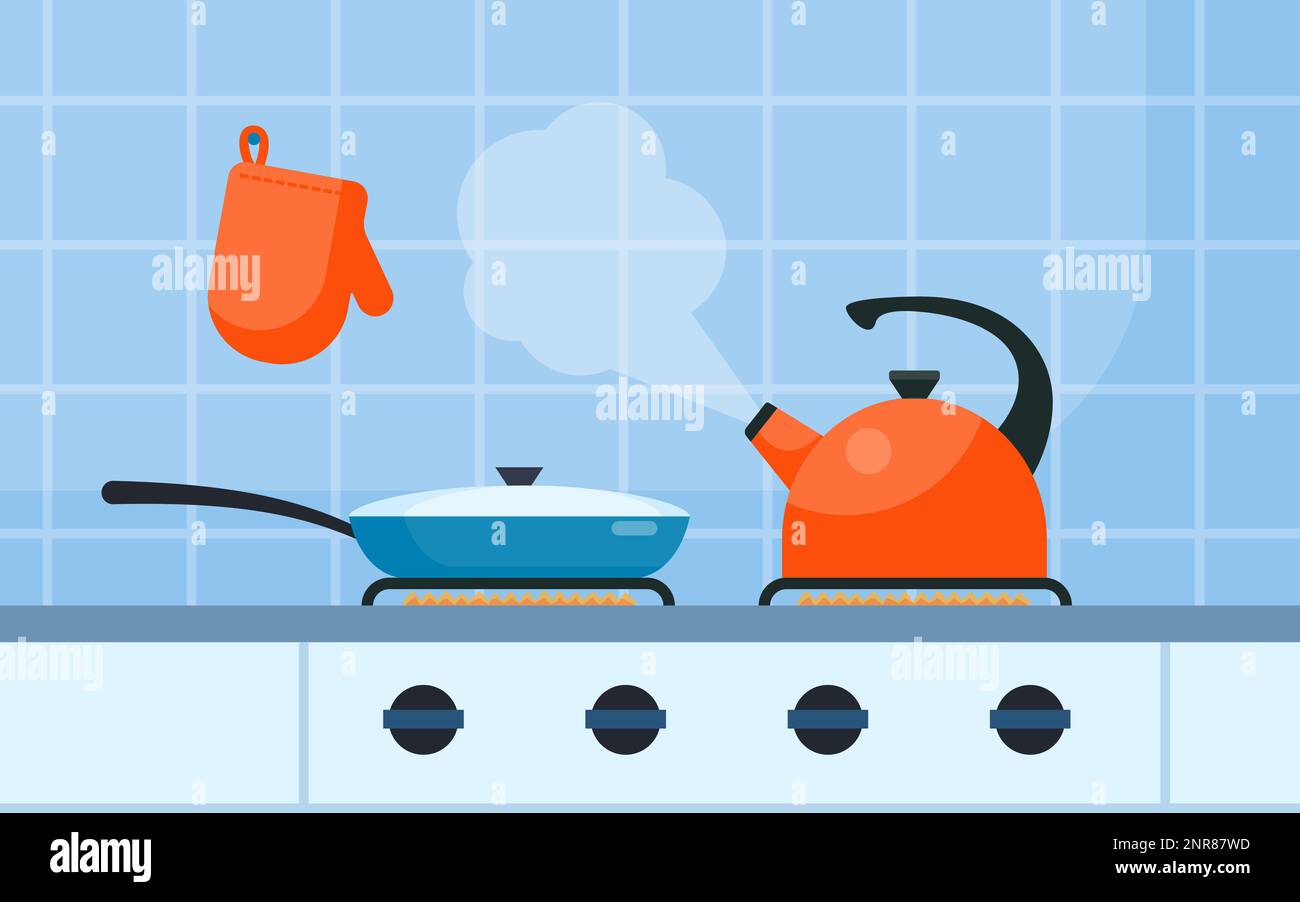 Modern gas stove, frying pan and kettle on it on flame. Home kitchen ...
