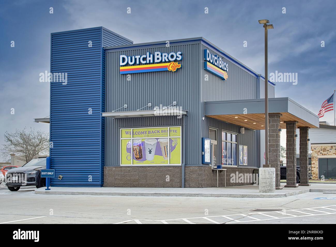 Houston, Texas USA 02-26-2023: Dutch Bros Coffee business exterior in Houston, TX. American coffee and beverage chain store, founded in 1992. Stock Photo