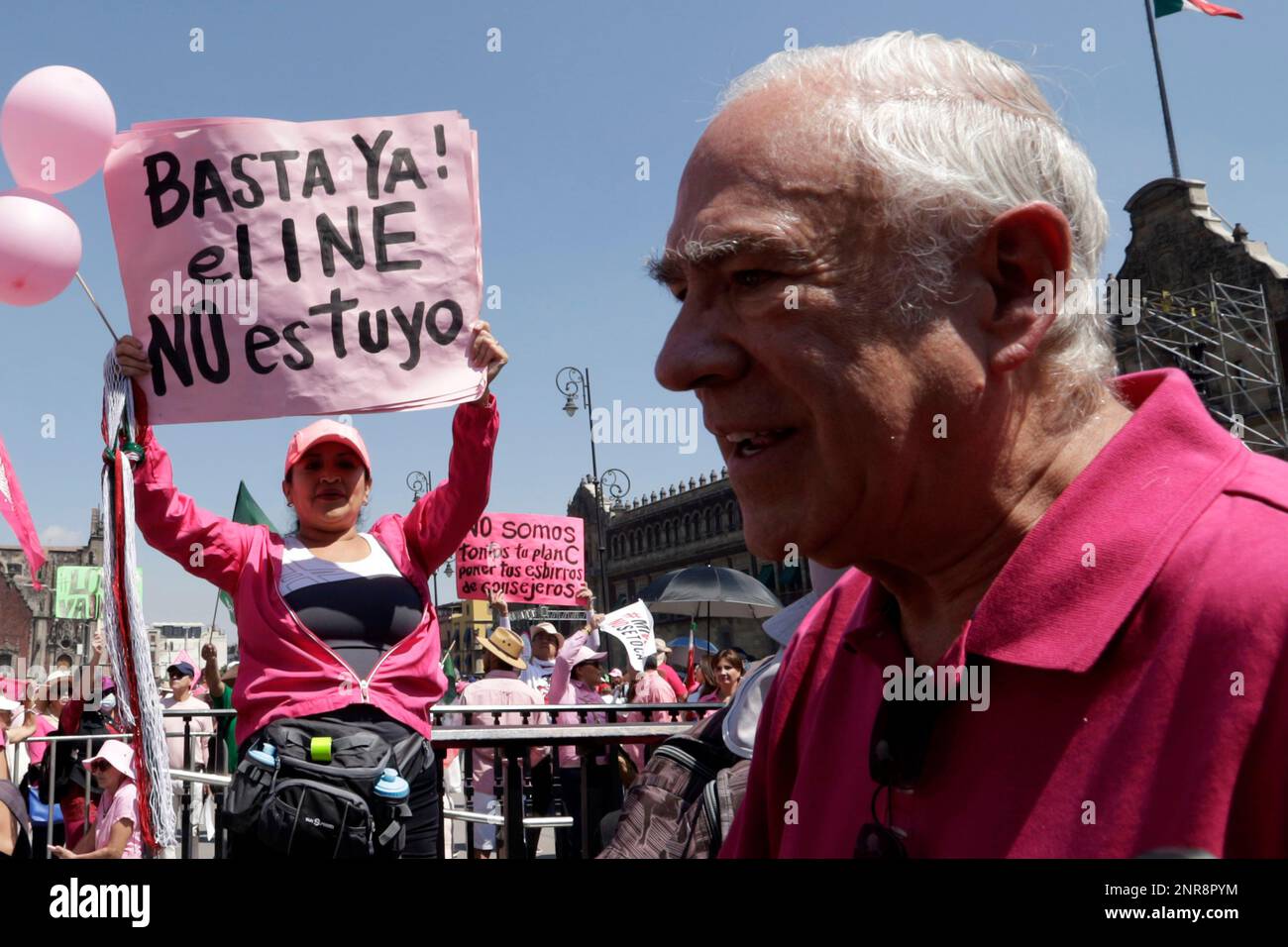 February 26, 2023, Mexico City, Mexico: The former president of the Organization for Economic Cooperation and Development, Jose Angel Gurria participates in the rally, The INE (National Electoral Institute) does not touch! in the Zocalo in Mexico City. on February 26, 2023 in Mexico City, Mexico (Photo by Luis Barron / Eyepix Group). Stock Photo