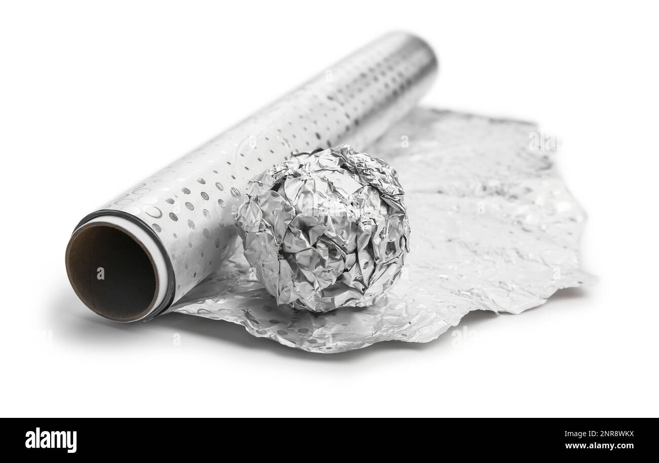 Roll and ball of aluminium foil on white background Stock Photo Alamy