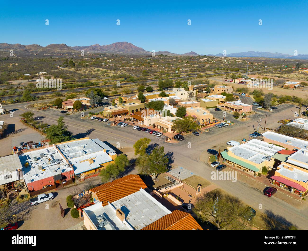 Tubac historic town center aerial view including Tubac Plaza and