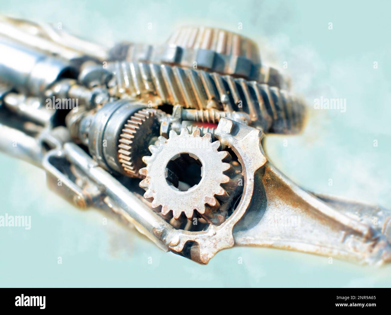 Detail of the mechanism with metal gears and cogs joined together by welding Stock Photo Alamy