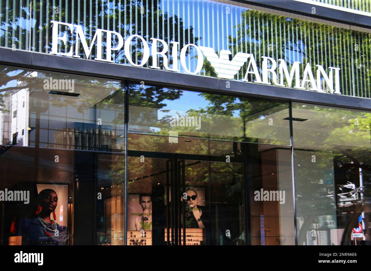 The logo of EMPORIO ARMANI is seen at Omotesando in Minato Ward, Tokyo on  May 29, 2022. Giorgio Armani S.p.A. is an Italian luxury fashion house  founded by Giorgio Armani which designs,