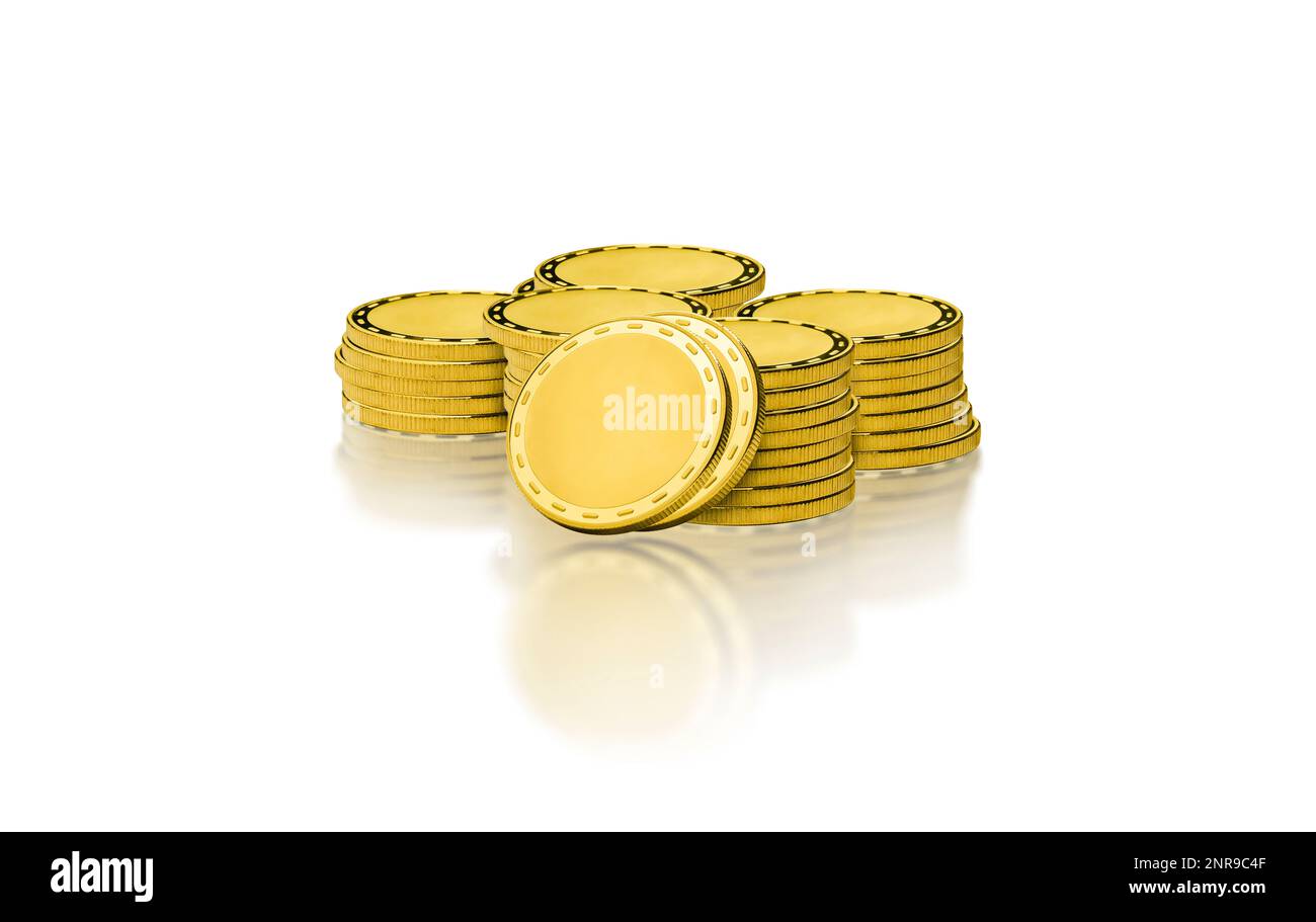 Gold coins stacks isolated on white background with reflection, 3d ...