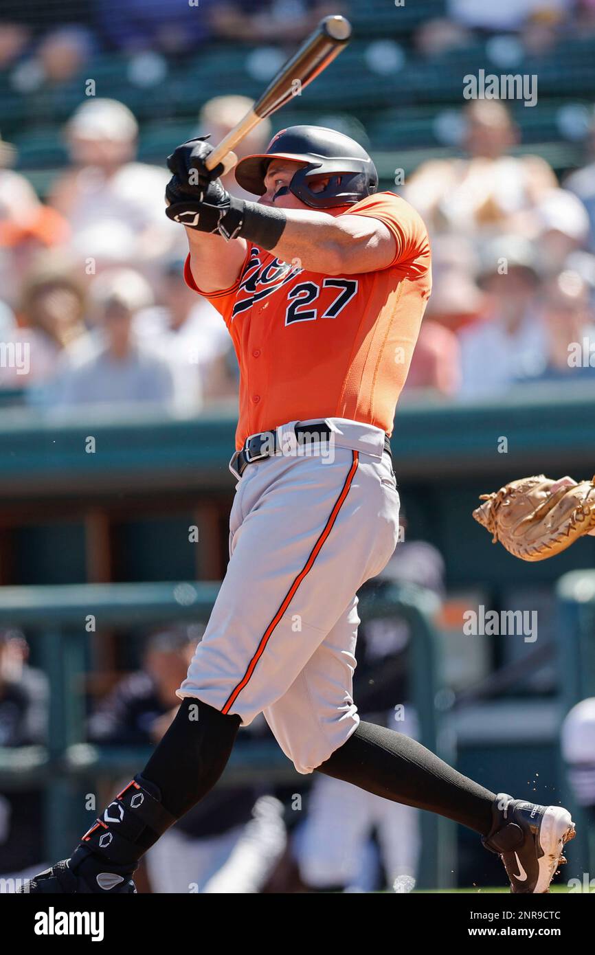 Lakeland FL USA; Baltimore Orioles catcher James McCann (27) puts the ball  into play during an MLB spring training game against the Detroit Tigers at  Stock Photo - Alamy