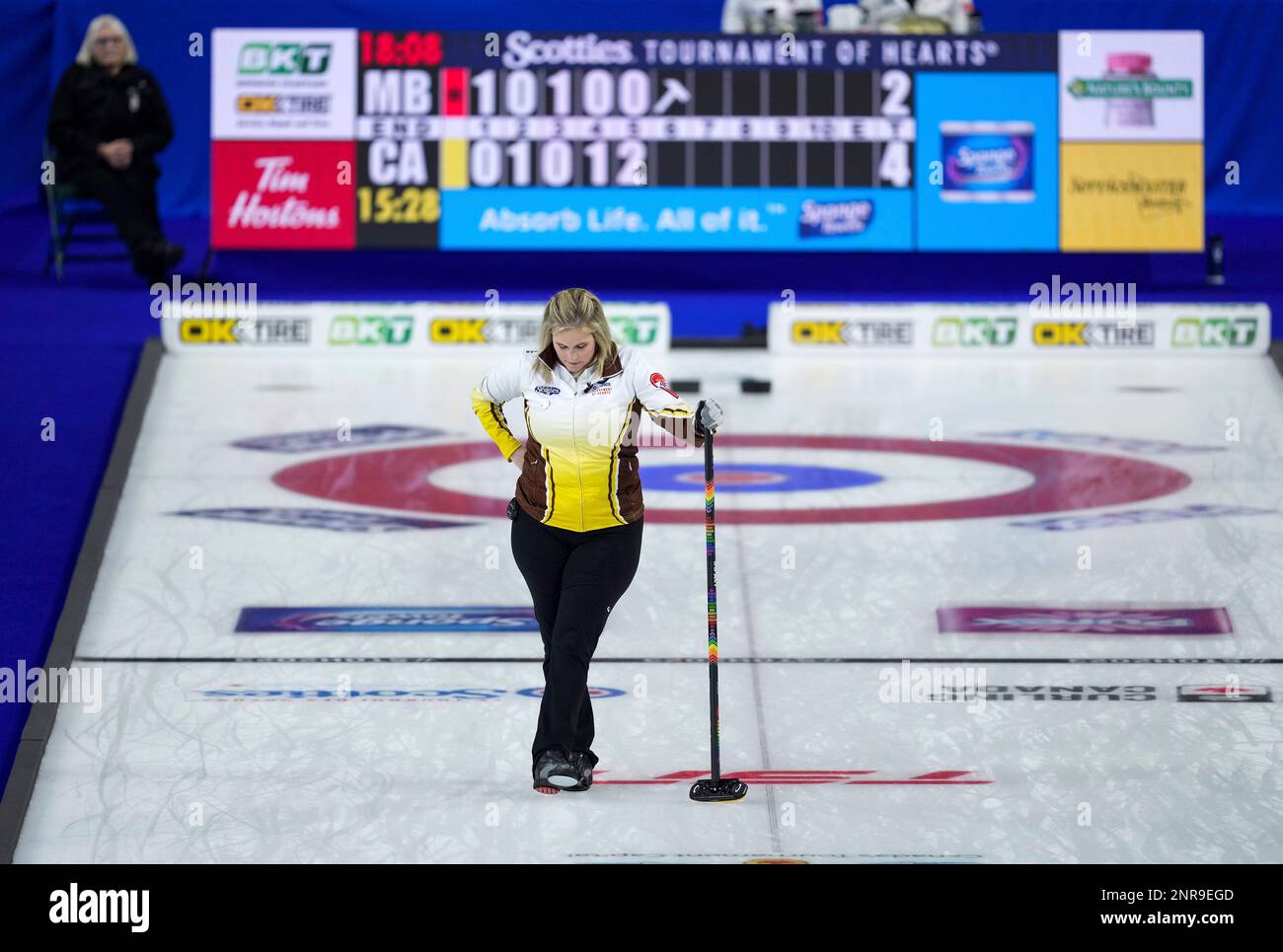 Manitoba skip Jennifer Jones reacts to her shot with last rock in the sixth end while playing Team Canada during the final at the Scotties Tournament of Hearts curling event, in Kamloops,