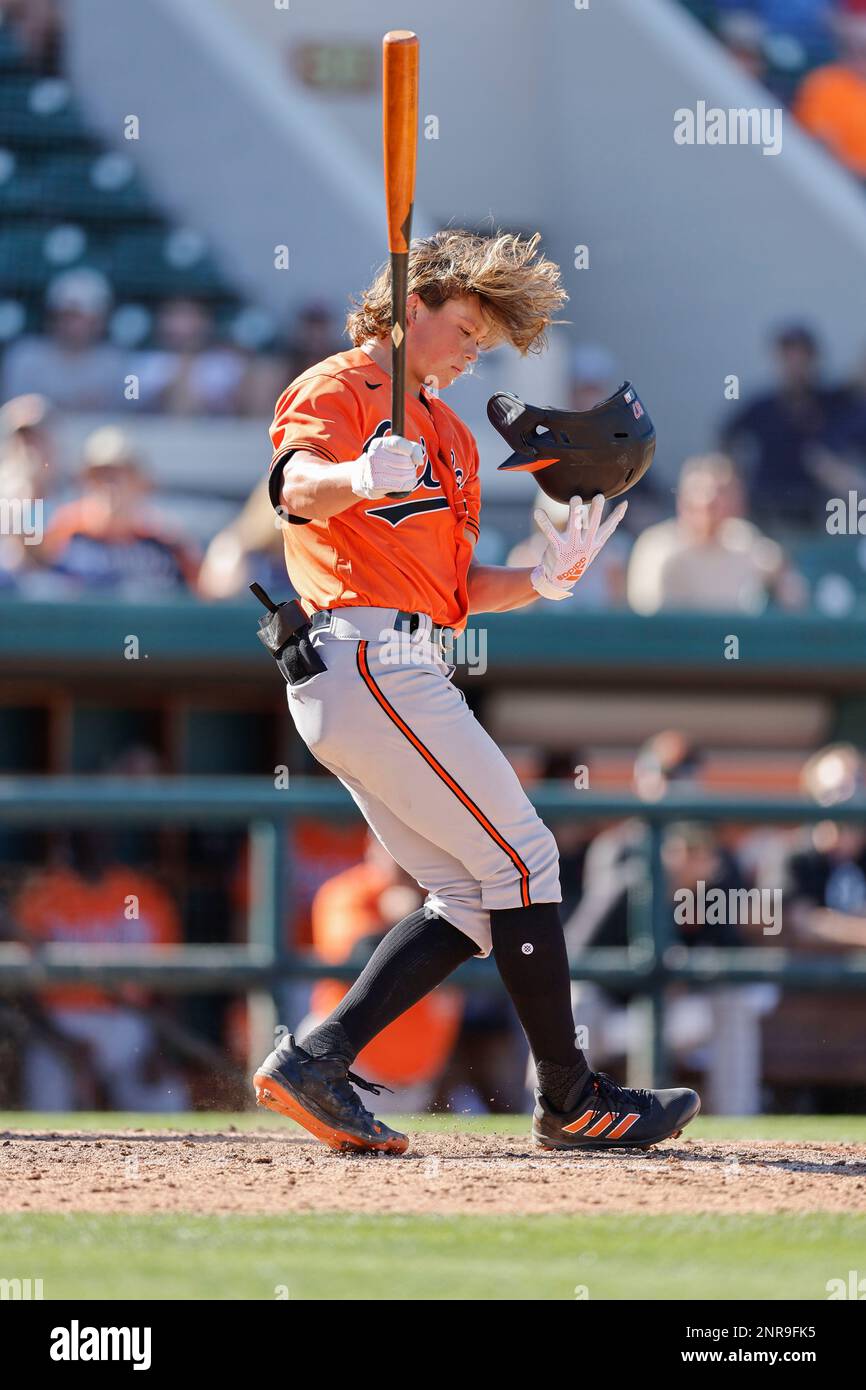 Baltimore Orioles Jackson Holliday (87) on deck during a spring training  baseball game against the Toronto Blue Jays on March 1, 2023 at Ed Smith  Stadium in Sarasota, Florida. (Mike Janes/Four Seam