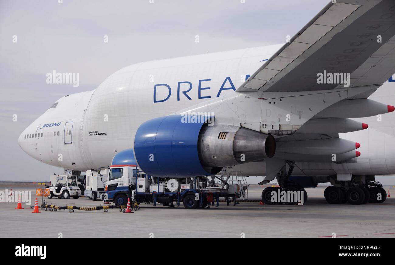 A photo shows Boeing 747 Dreamlifter (Boeing 747-400 LCF) at Chubu ...