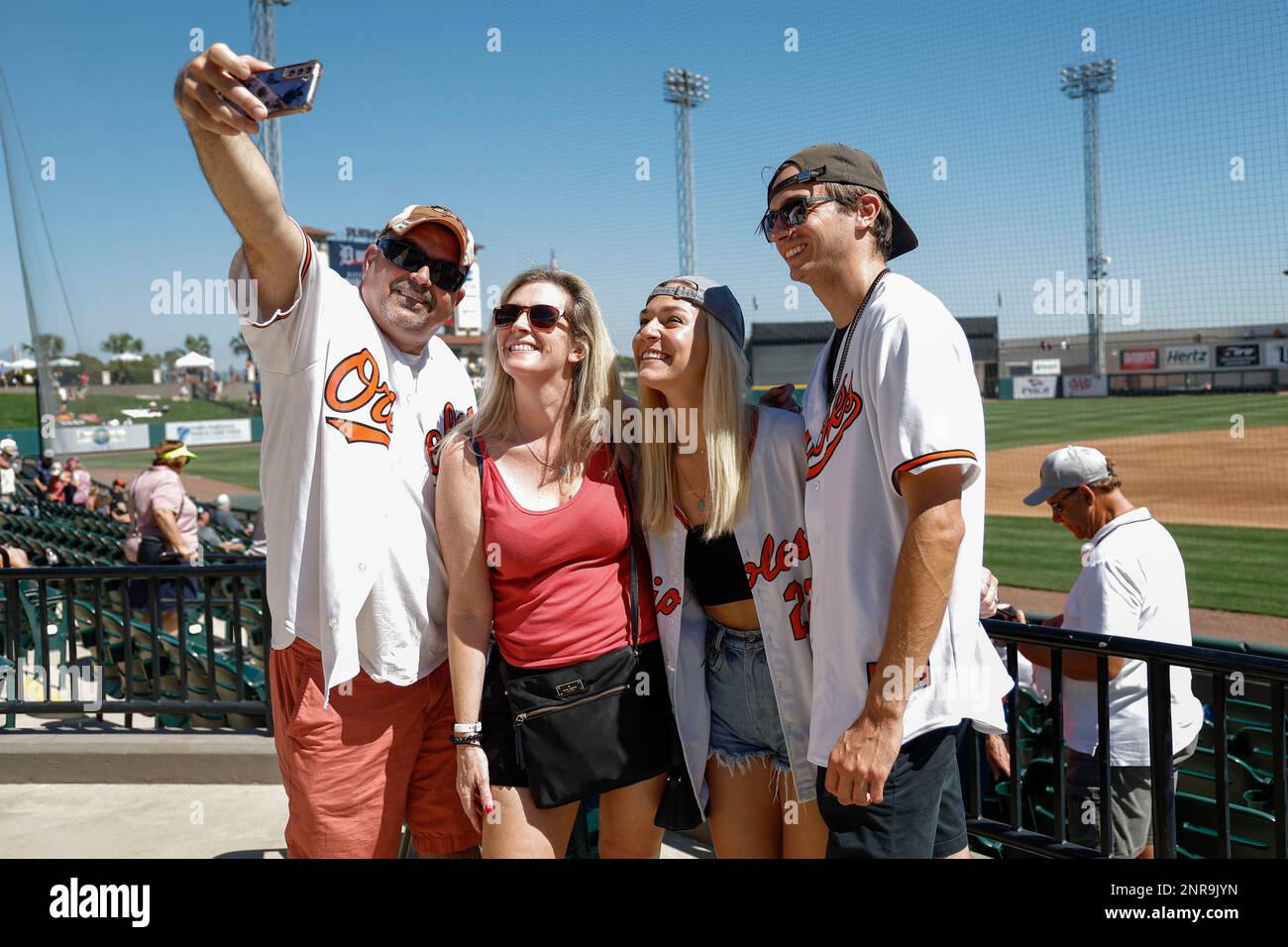 Lakeland FL USA; Baltimore Orioles catcher James McCann (27) puts the ball  into play during an MLB spring training game against the Detroit Tigers at  Stock Photo - Alamy