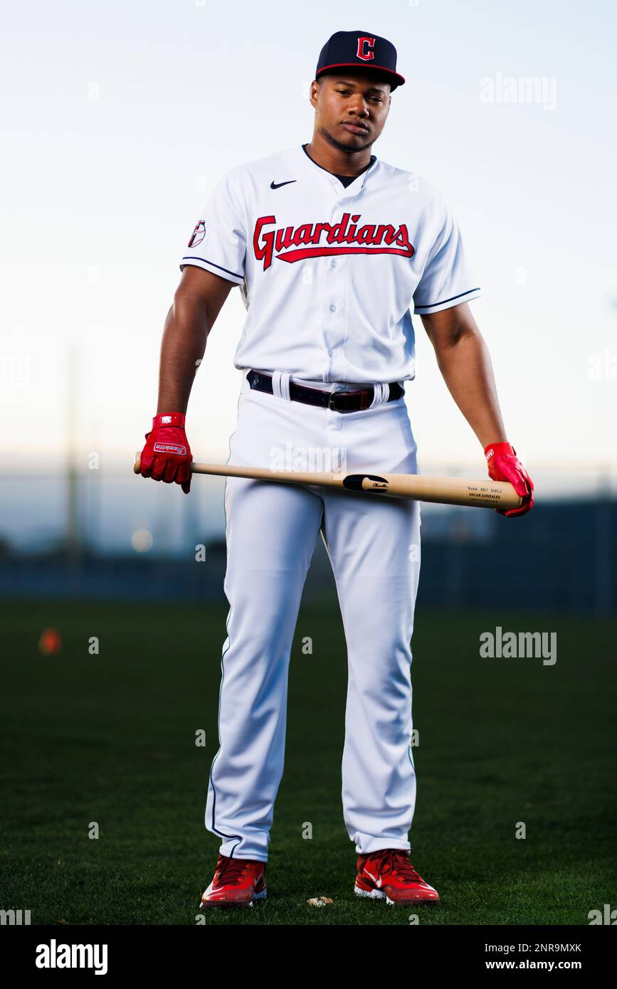 Oscar Gonzalez of the Cleveland Guardians poses during Photo Day