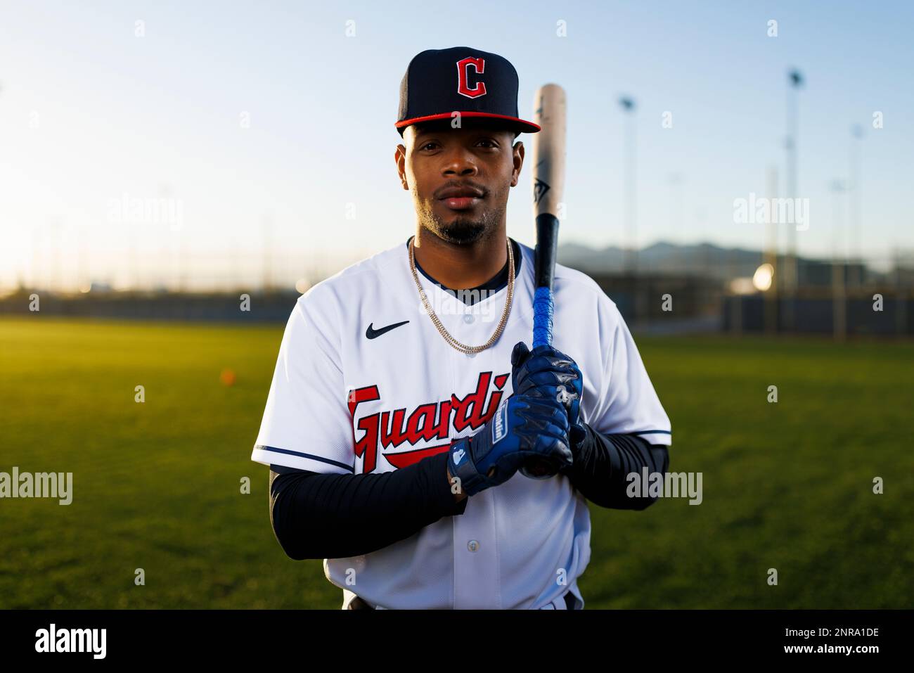 GOODYEAR, AZ - FEBRUARY 23: Infielder Jose Tena (75) poses for a portrait  during the Cleveland Guardians photo day on February 23, 2023 at Goodyear  Ballpark in Goodyear, AZ. (Photo by Ric