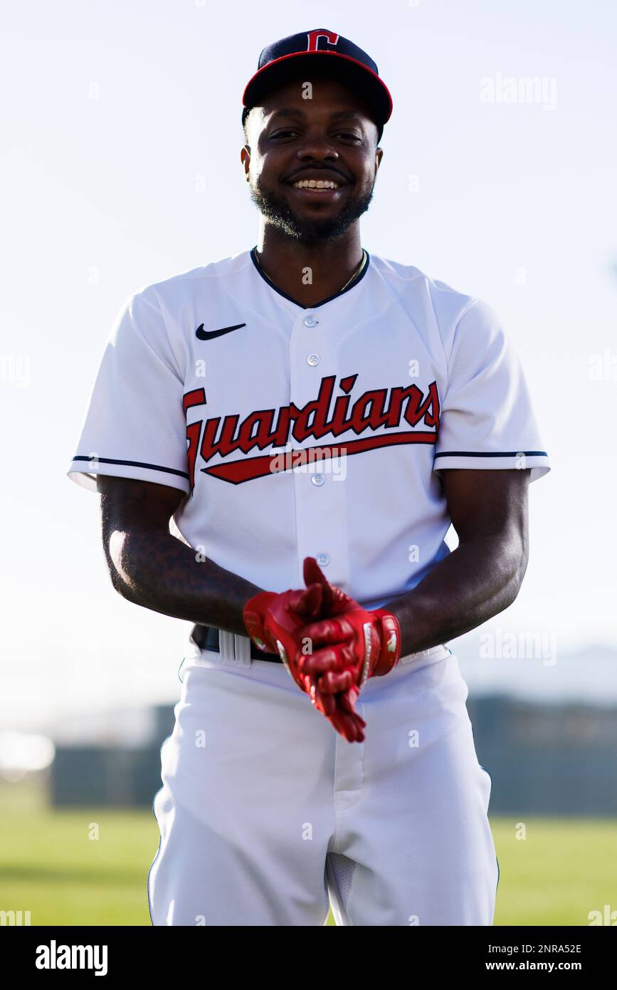 GOODYEAR, AZ - FEBRUARY 23: Roman Quinn (24) poses for a portrait during  the Cleveland Guardians photo day on February 23, 2023 at Goodyear Ballpark  in Goodyear, AZ. (Photo by Ric Tapia/Icon