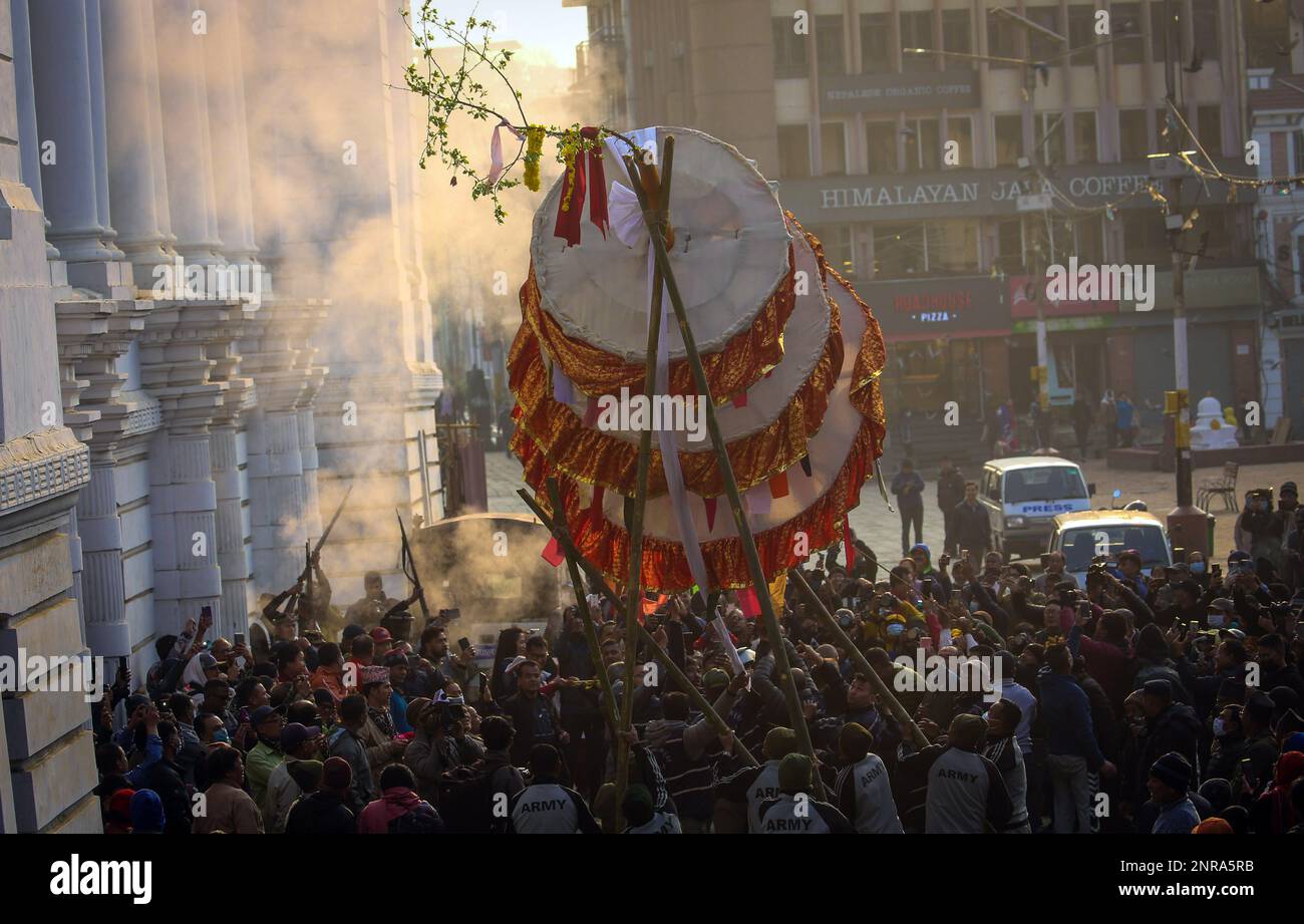 Kathmandu, Bagmati, Nepal. 27th Feb, 2023. Nepali people hoist a