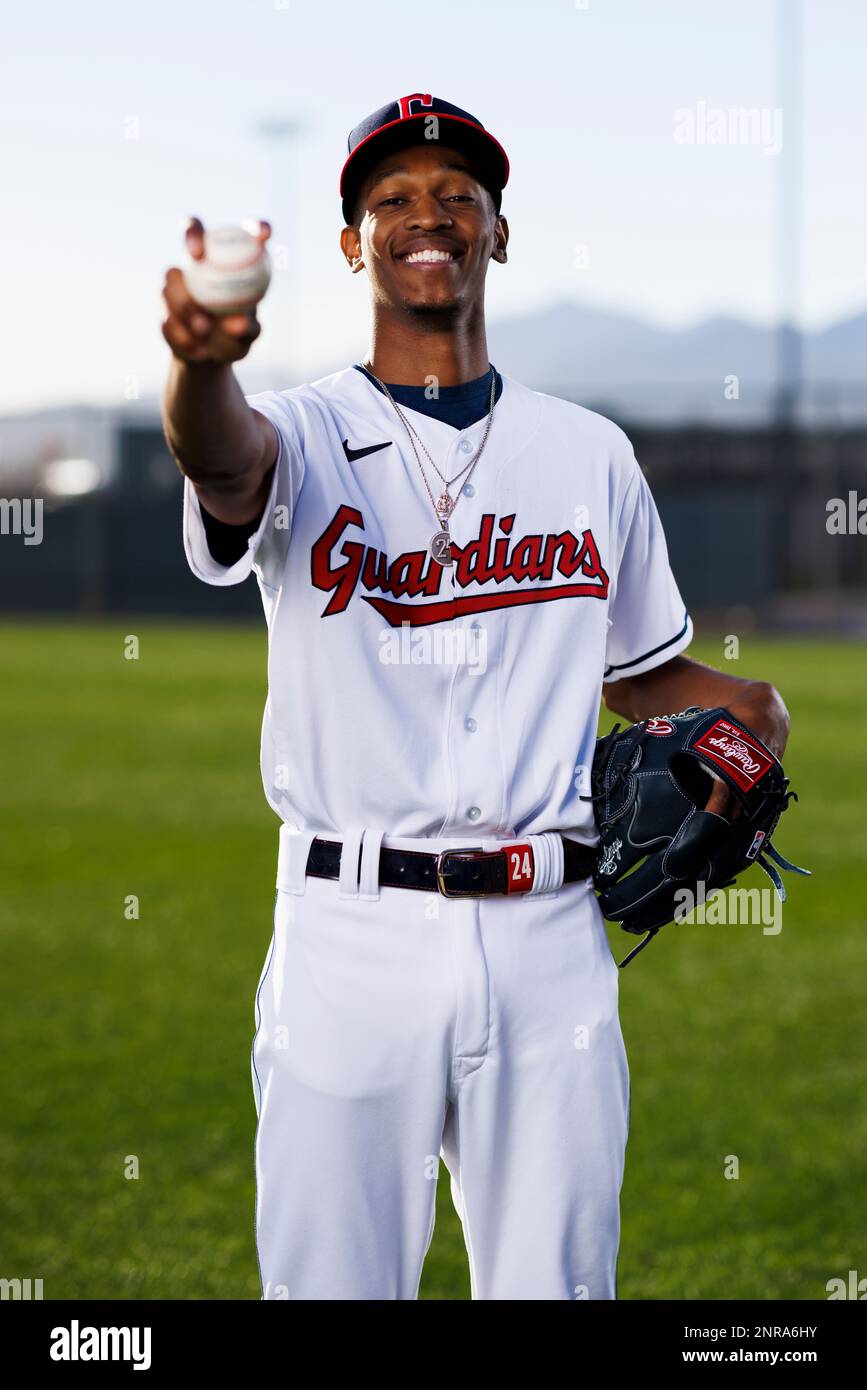 GOODYEAR, AZ - FEBRUARY 23: Pitcher Triston McKenzie (24) poses for a  portrait during the Cleveland Guardians photo day on February 23, 2023 at  Goodyear Ballpark in Goodyear, AZ. (Photo by Ric