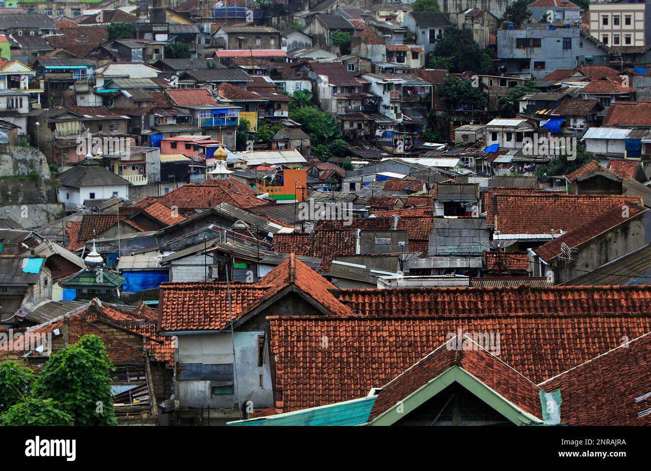 General view of densely populated settlements in Bogor, West Java, on