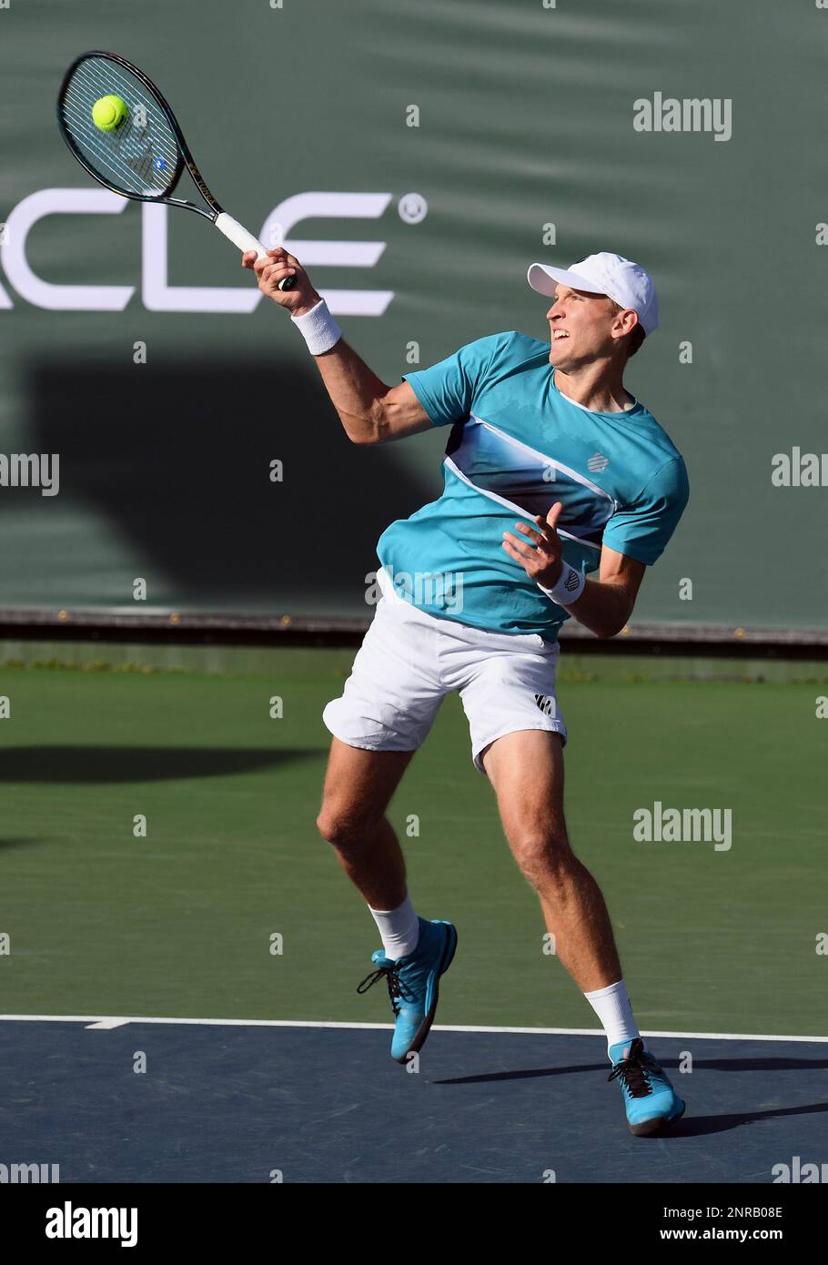 NEWPORT BEACH, CA - JANUARY 30: ATP tennis player Mitchell Krueger (USA)  returns a shot during a match at the Oracle Challenger Series tennis  tournament played on January 30, 2020 at the