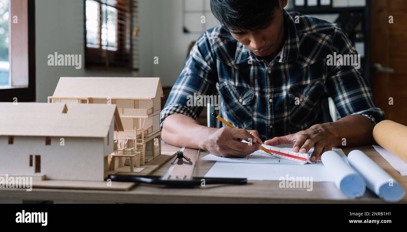 Concept architects, engineer or architect holding pen drawing on ...