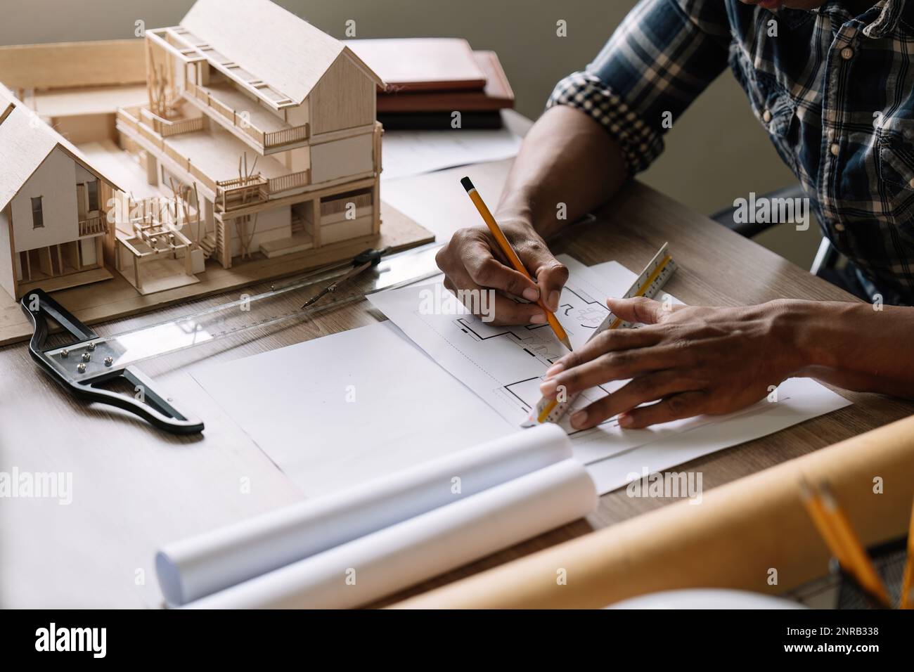Concept architects, engineer or architect holding pen drawing on ...