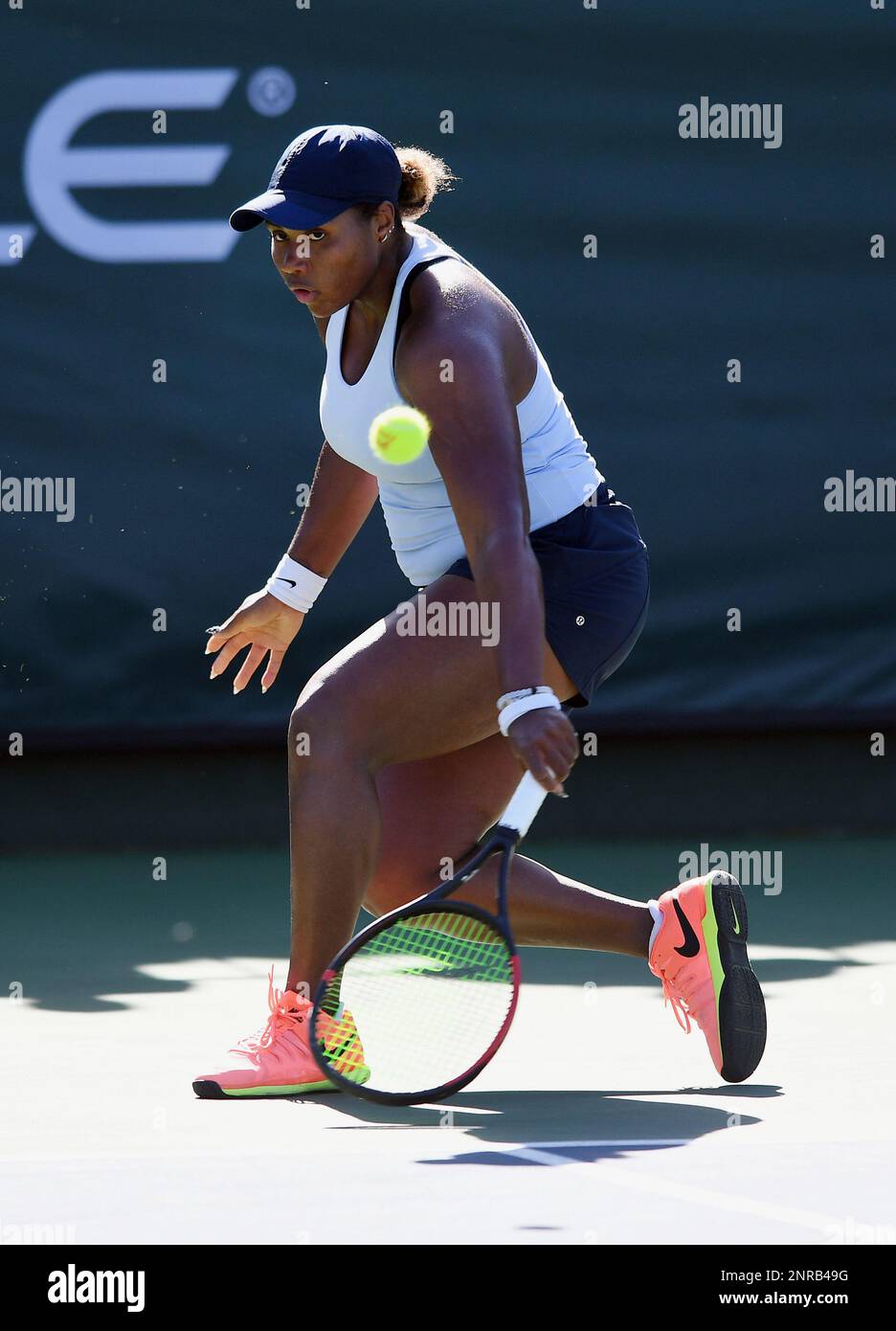 NEWPORT BEACH, CA - JANUARY 29: WTA tennis player Taylor Townsend (USA)  returns a shot in a match during the Oracle Challenger Series played on  January 29, 2020 at the Newport Beach