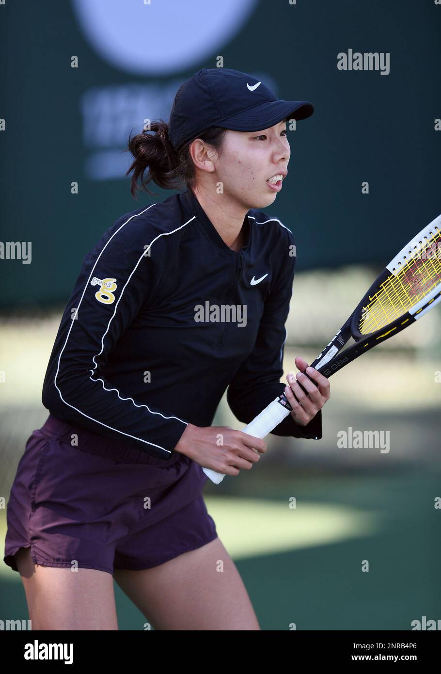 NEWPORT BEACH, CA - JANUARY 29: WTA tennis player Mayo Hibi (JPN) waits for  a serve in a match during the Oracle Challenger Series played on January  29, 2020 at the Newport