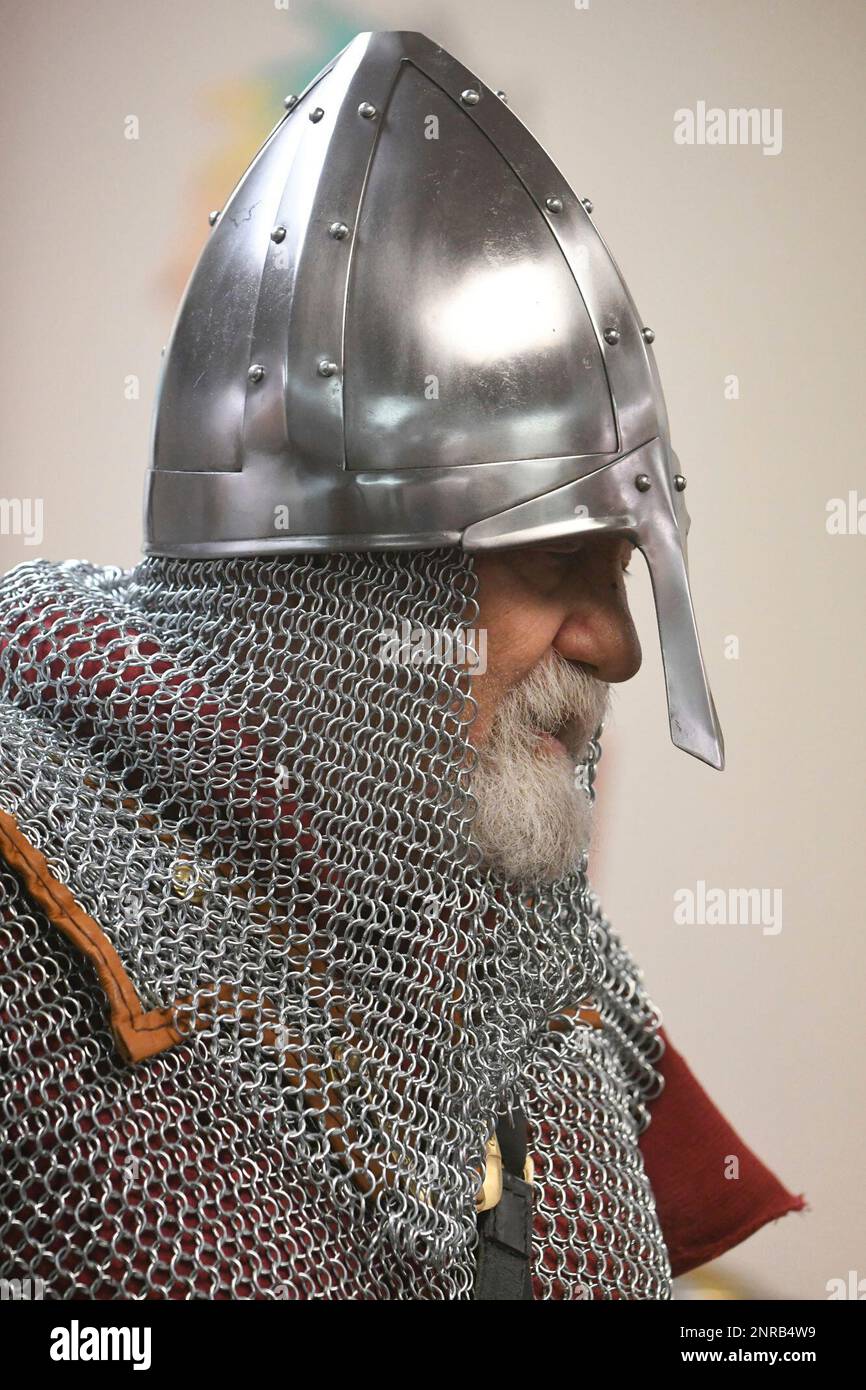 Dressed in Roman medieval attire, Stu Richards, of Orwigsburg, Pa