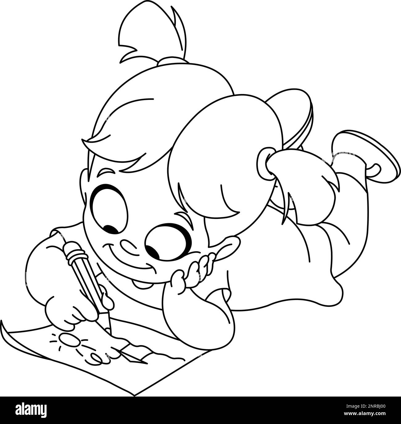Outlined smiling little girl drawing on the floor, Vector line art illustration coloring page. Stock Vector