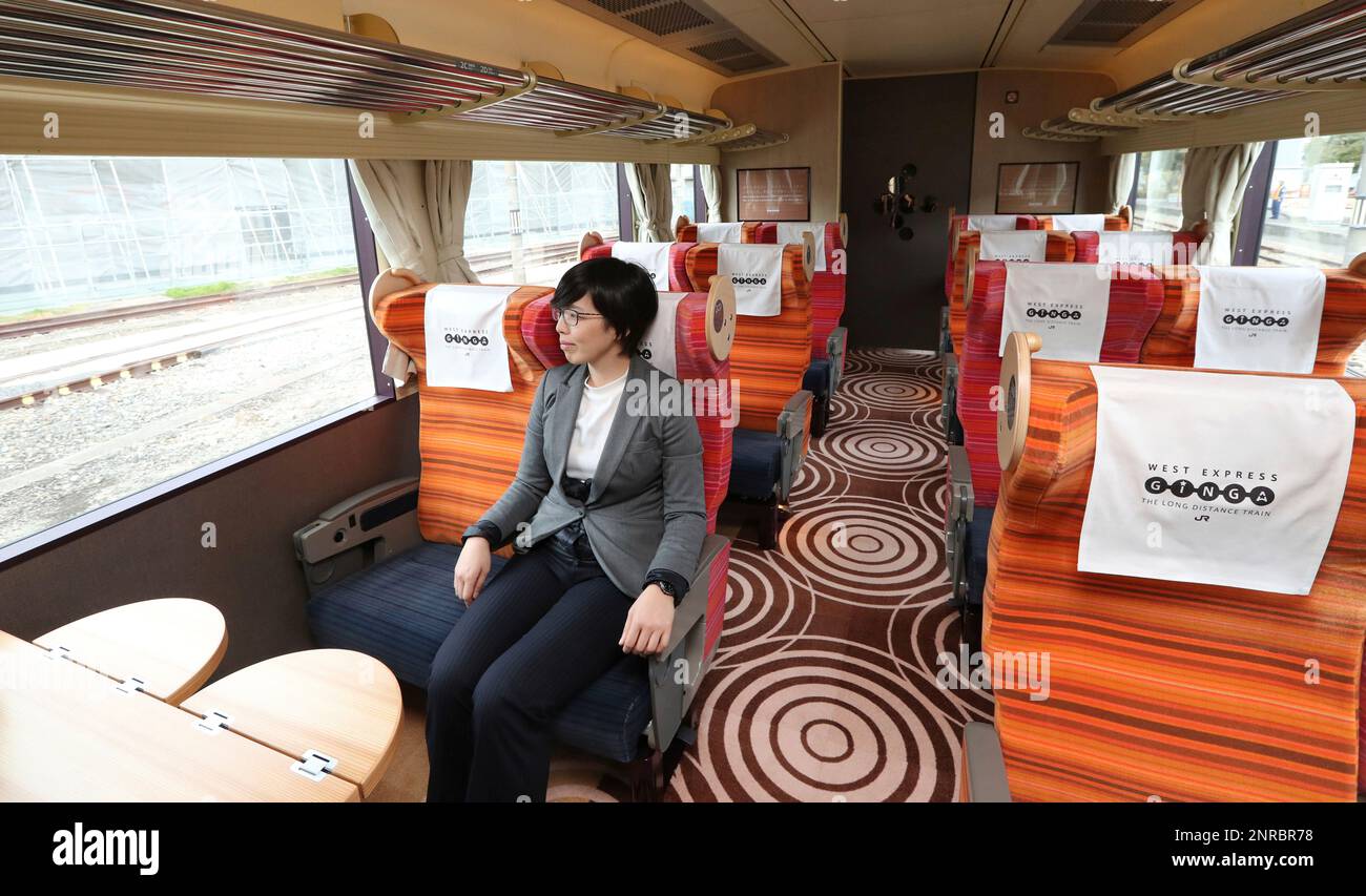 JR West unveils to media a new long-distance train "WEST EXPRESS GINGA(Galaxy)",  connecting Kansai and the Chugoku region in Osaka on January 25, 2020. The  train is a 6-car train, with chair-type