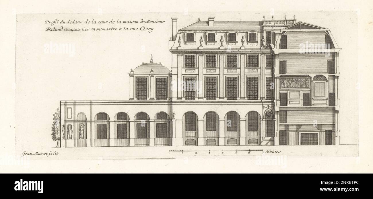 Section of the courtyard in Mr Roland's house on rue de Clery, Montmartre, Paris, designed by architect Jean Richer, a pupil of Louis Le Vau. Profil du dedans de la Cour de la Maison de Monsieur Roland au quartier Montmartre a la rue Clery, a Paris. Copperplate engraving drawn and engraved by Jean Marot from his Recueil des Plans, Profils et Elevations de Plusieurs Palais, Chasteaux, Eglises, Sepultures, Grotes et Hotels, Collection of Plans, Profiles and Elevations of Palaces, Castles, Churches, Tombs, Grottos and Hotels, chez Mariette, Paris, 1655. Stock Photo