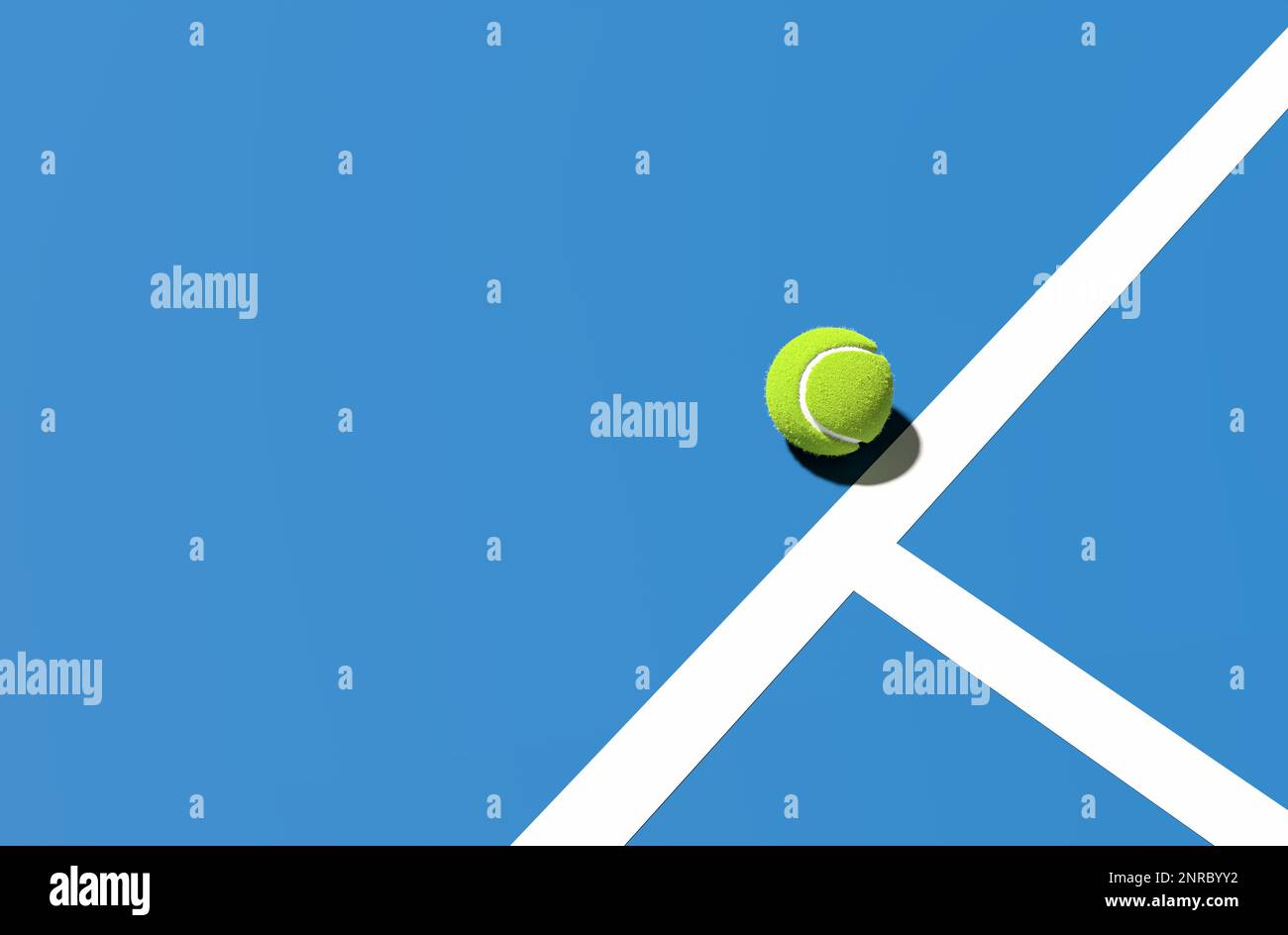 Green tennis ball on the blue court line. Tennis sport and tournament