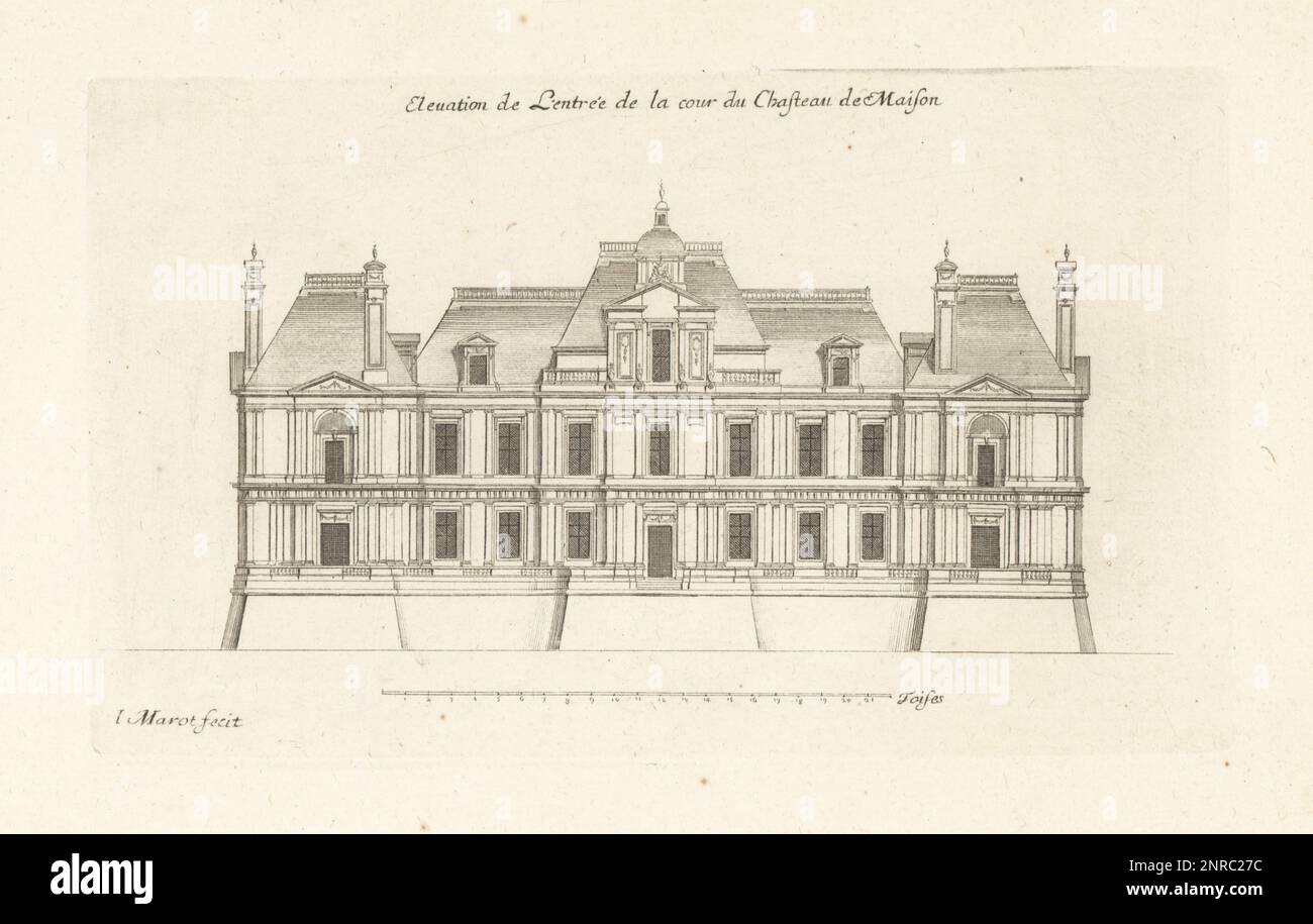 Elevation of the entrance to the courtyard of Chateau de Maisons (now Chateau de Maisons-Laffitte), designed by French architect Francois Mansart. Elevation de l'Entree de la cour du Chasteau de Maison. Copperplate engraving drawn and engraved by Jean Marot from his Recueil des Plans, Profils et Elevations de Plusieurs Palais, Chasteaux, Eglises, Sepultures, Grotes et Hotels, Collection of Plans, Profiles and Elevations of Palaces, Castles, Churches, Tombs, Grottos and Hotels, chez Mariette, Paris, 1655. Stock Photo