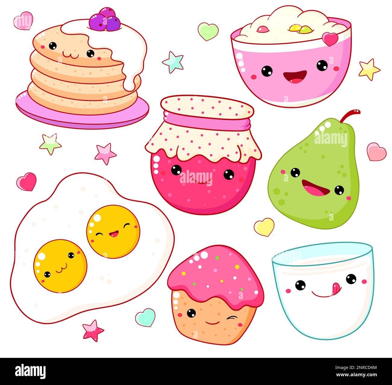 Breakfast time. Set of cute food icons in kawaii style for sweet design. Scrambled eggs, cupcake, milk, oatmeal, pear, pancakes, jam. Vector illustrat Stock Photo