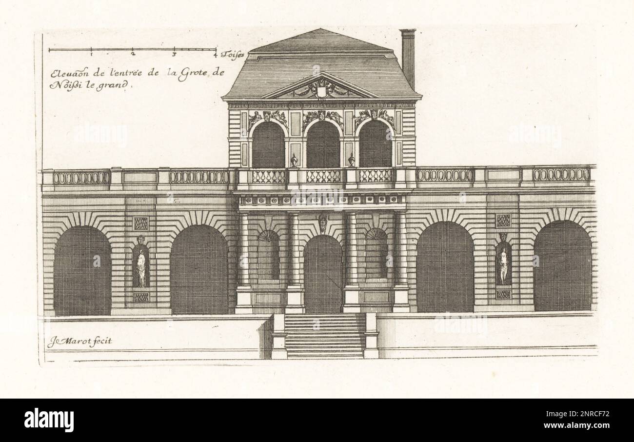 Elevation of the entrance to the Grotto at the Chateau de Noisy-le-Grand or Noisy le Roi). Built for Albert de Gondi in 1582 and acquired by King Louis XIV. Demolished. Elevation de l'entree de la Grote de Noissi le grand. Copperplate engraving drawn and engraved by Jean Marot from his Recueil des Plans, Profils et Elevations de Plusieurs Palais, Chasteaux, Eglises, Sepultures, Grotes et Hotels, Collection of Plans, Profiles and Elevations of Palaces, Castles, Churches, Tombs, Grottos and Hotels, chez Mariette, Paris, 1655. Stock Photo