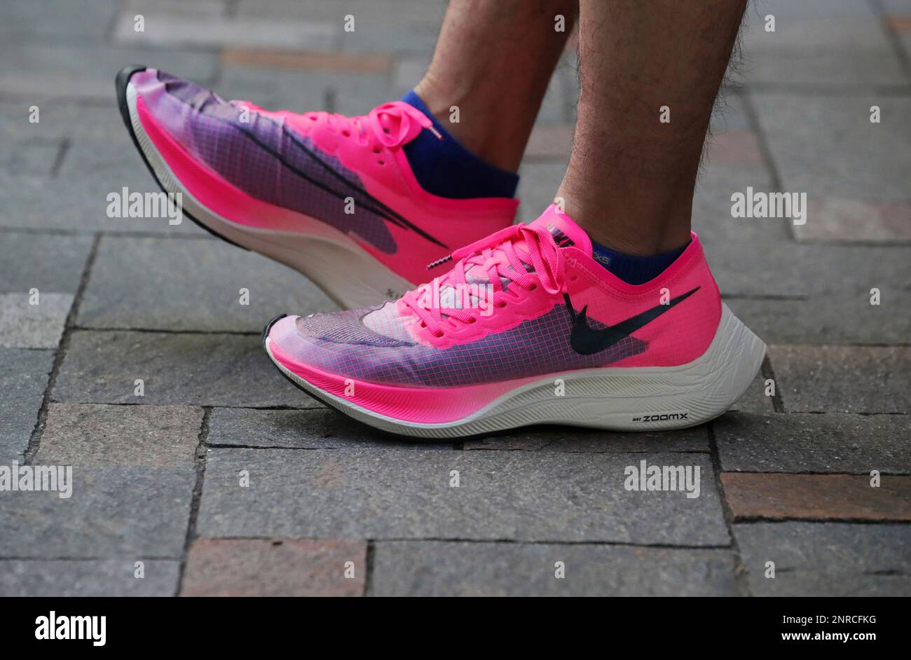 A photo shows NIKE shoes "VAPORFLY (VF)" in Tokyo on January 20, 2020.  Although Nike ZoomX Vaporfly Next% has been attracting attention as a  record for long distances on land, according to