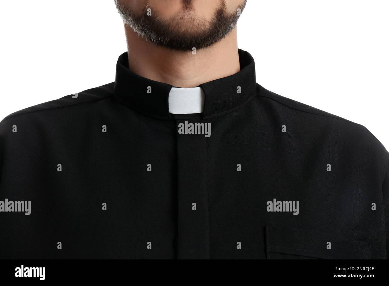 Priest wearing cassock with clerical collar on white background, closeup Stock Photo