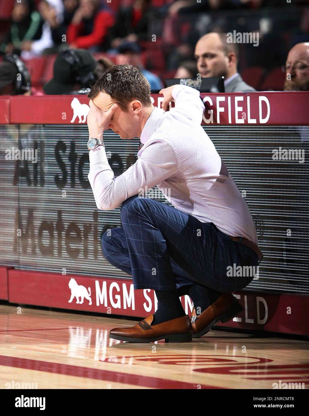 Massachusetts coach Matt McCall reacts during the second half of the team's  NCAA college basketball game against George Washington on Saturday, Jan.  18, 2020, in Amherst, Mass. (J. Anthony Roberts/The Republican via