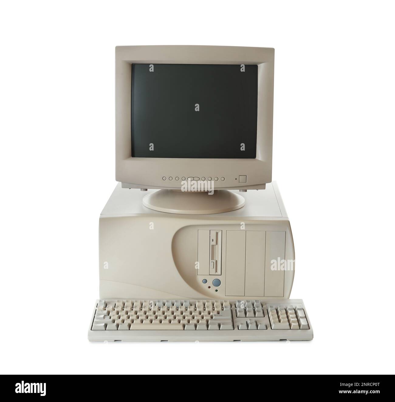 Old computer monitor, keyboard and system unit on white background ...