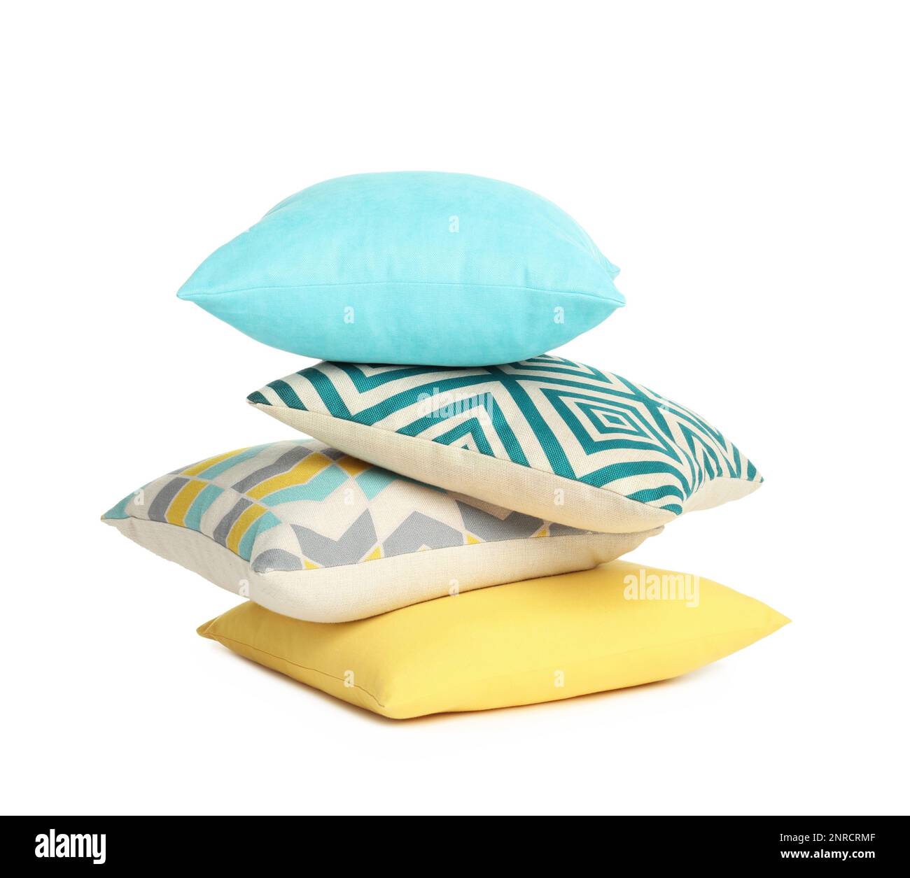 Different colorful decorative pillows on white background Stock Photo
