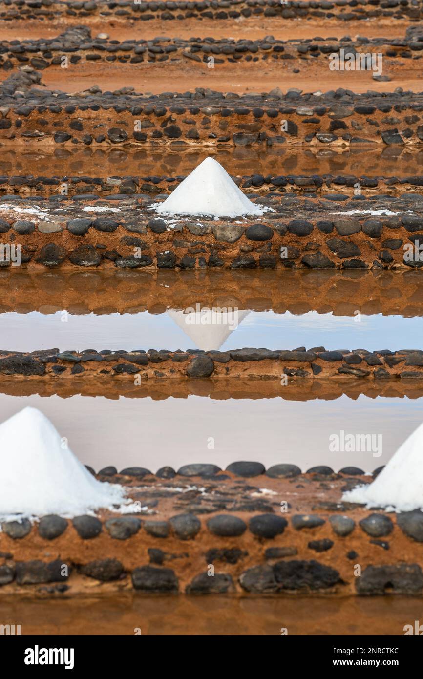 Pile of salt on the edge of evaporation pans at the salt museum in Fueteventura. Stock Photo