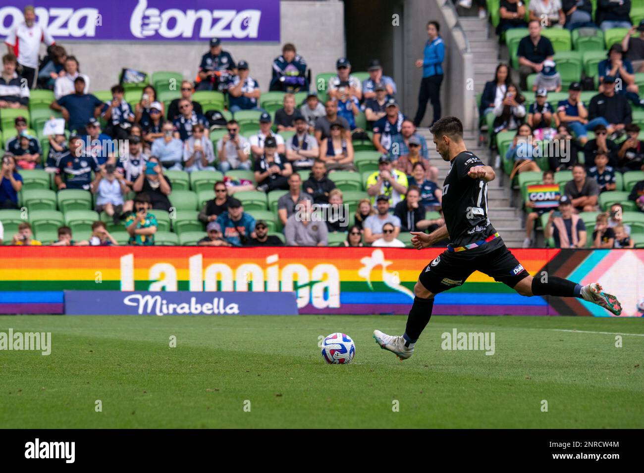 AAMI Park, Melbourne, Australia. 26 February, 2023. Bruno Fornaroli takes the penalty kick for Melbourne Victory. Credit: James Forrester/Alamy Live News Stock Photo