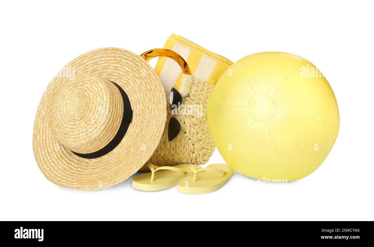 Inflatable ball and beach accessories on white background Stock Photo