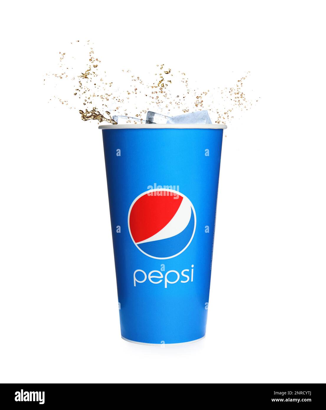 MYKOLAIV, UKRAINE - JUNE 9, 2021: Pepsi splashing out of paper cup ...
