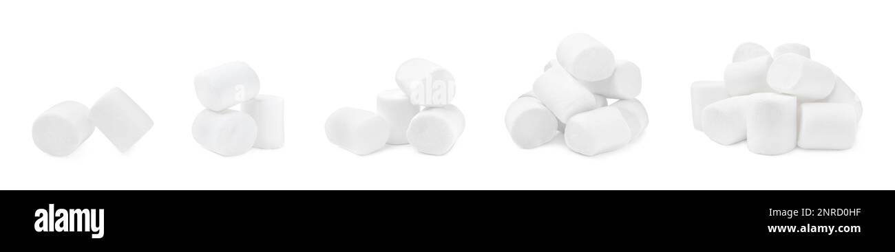 Set with delicious sweet puffy marshmallows on white background. Banner ...